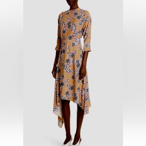 St. John Floral Print Handkerchief Hem Midi Dress Sz 12 camel multi silk blend